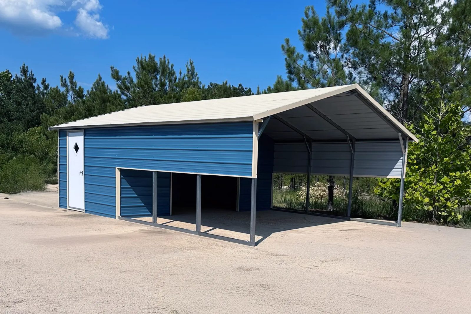 East TX Carports blue carport and garage combo with white door