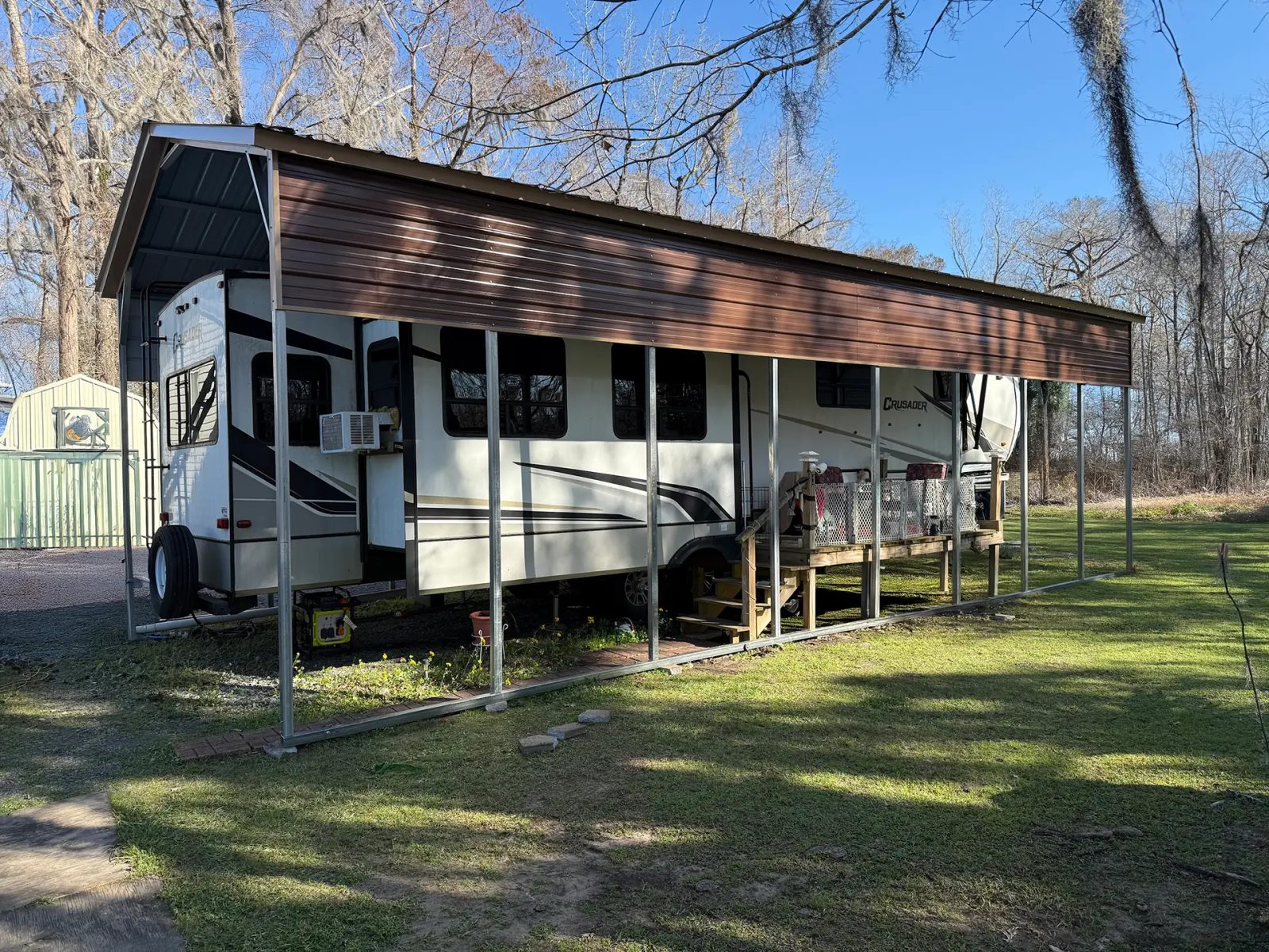 East TX Carports brown and sandstone RV cover